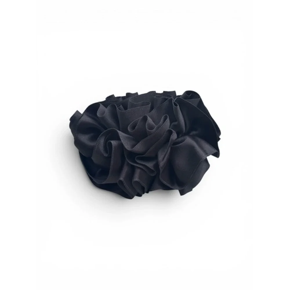 Vintage Made in France Black Ruffled Satin Peony Floral Style Hair Clip Barrette